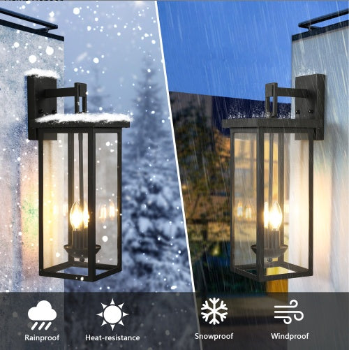 1-Pack 22.0 Outdoor Wall Lantern With Dusk To Dawn Sensor, Matte Black Finish, Clear Glass Panels, Weatherproof Exterior Light For Porch, Patio, Garage, 2-Light Design Bulb Not Included