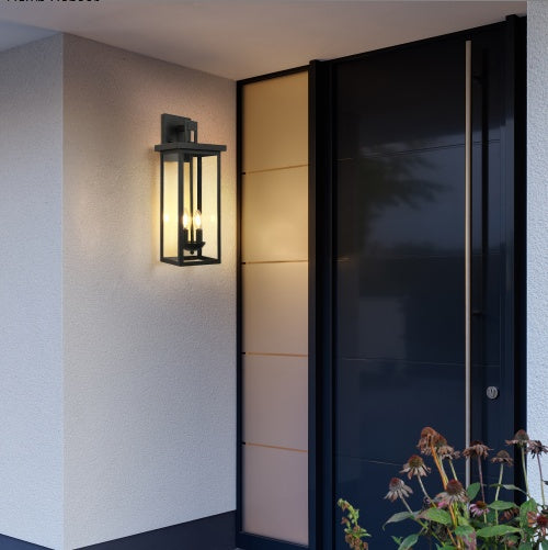 1-Pack 22.0 Outdoor Wall Lantern With Dusk To Dawn Sensor, Matte Black Finish, Clear Glass Panels, Weatherproof Exterior Light For Porch, Patio, Garage, 2-Light Design Bulb Not Included