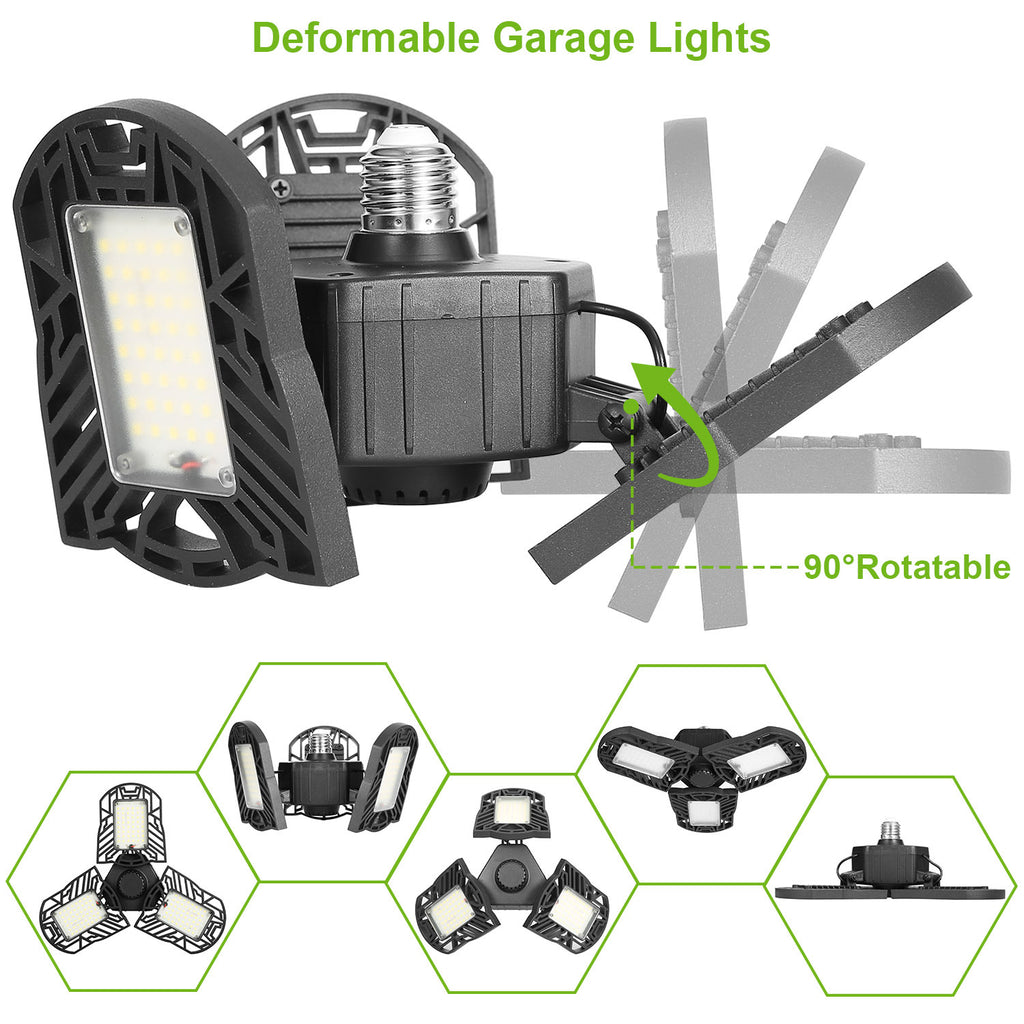 LED Garage Light E26 E27 80W 7000LM 6500K Garage Ceiling Light Deformable Workshop Lamp Die Cast Aluminum LED Ceiling Light Bulbs With 3 Adjustable Panels For Barn Shop Warehouse Workshop C