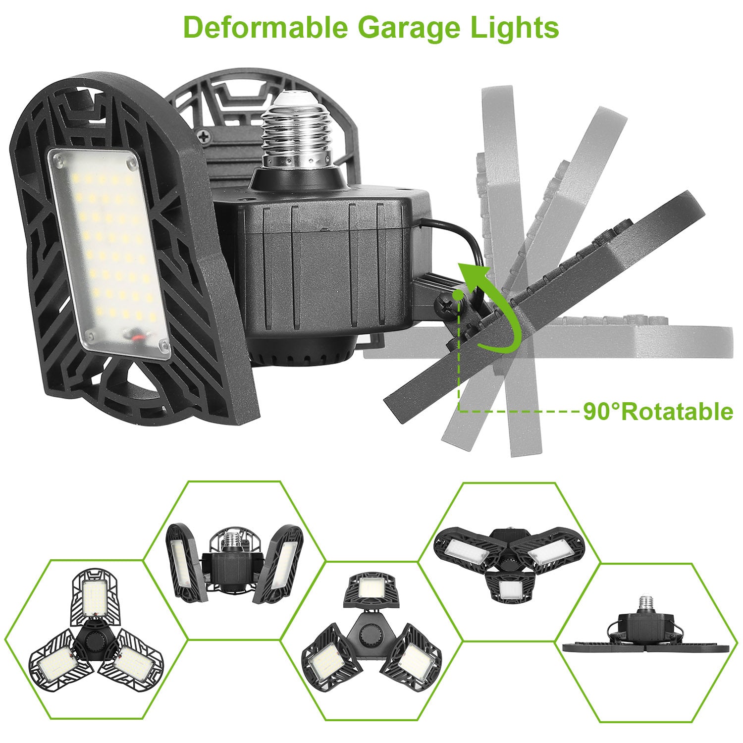 LED Garage Light E26 E27 80W 7000LM 6500K Garage Ceiling Light Deformable Workshop Lamp Die Cast Aluminum LED Ceiling Light Bulbs With 3 Adjustable Panels For Barn Shop Warehouse Workshop C