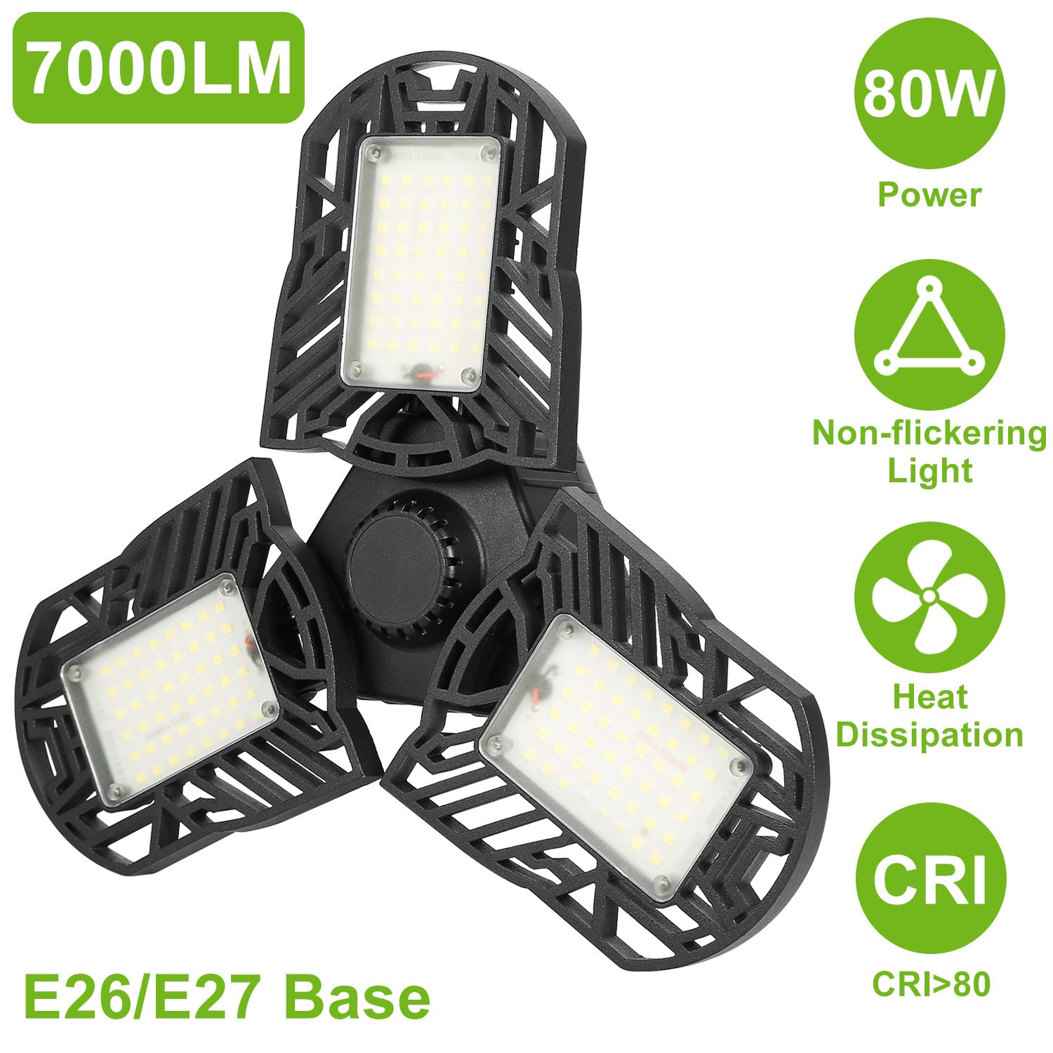 LED Garage Light E26 E27 80W 7000LM 6500K Garage Ceiling Light Deformable Workshop Lamp Die Cast Aluminum LED Ceiling Light Bulbs With 3 Adjustable Panels For Barn Shop Warehouse Workshop C